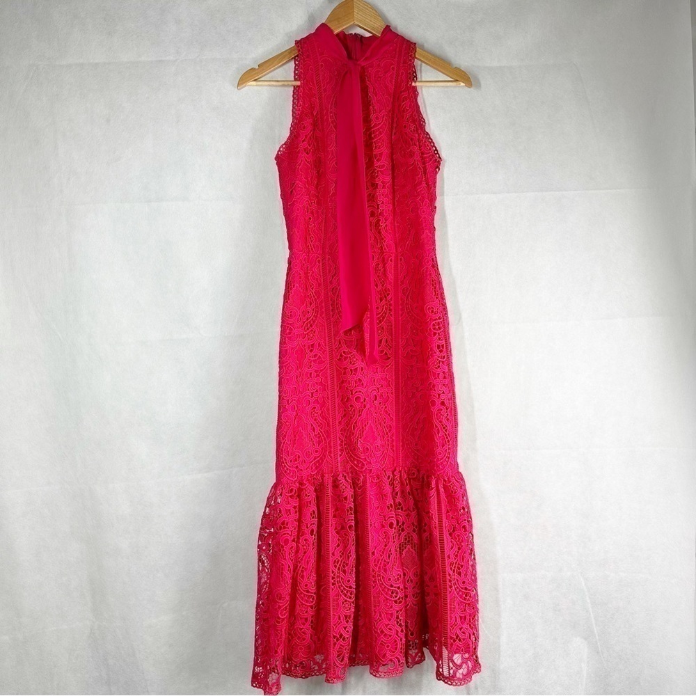 Monique Lhuillier Lace Fit & Flare Midi Dress Raspberry Red Size 2